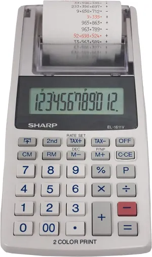 Sharp EL-1611V Handheld Portable Cordless 12 Digit Large LCD Display Two-Color Printing Calculator with Tax Functions, 191 x 99 x 42 mm