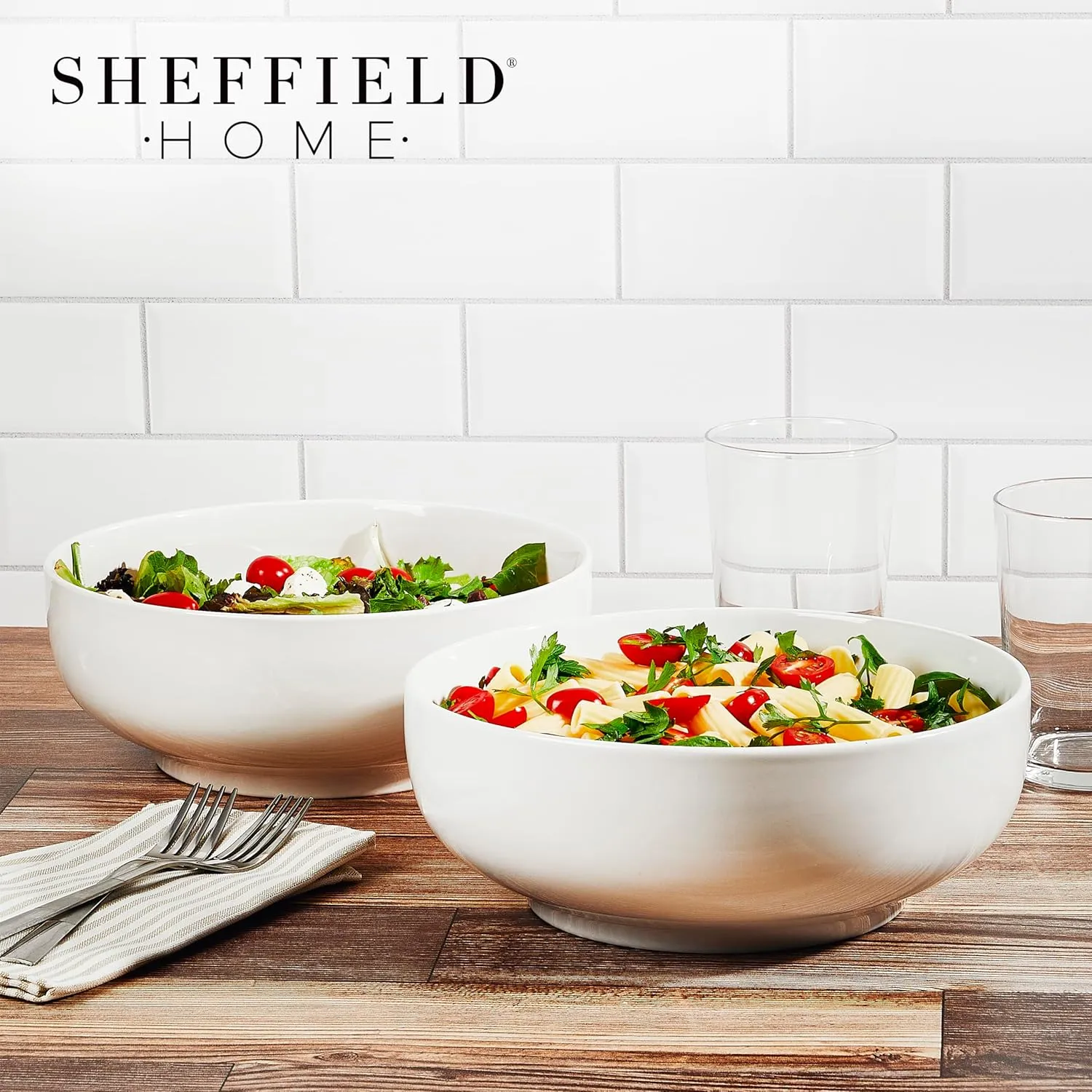 Sheffield Home Large Stoneware Serving Bowl Set - 86oz Capacity 9.5" Large Serving Bowls for Salad, Pasta, Mixing - Dishwasher and Microwave Safe Ceramic - White
