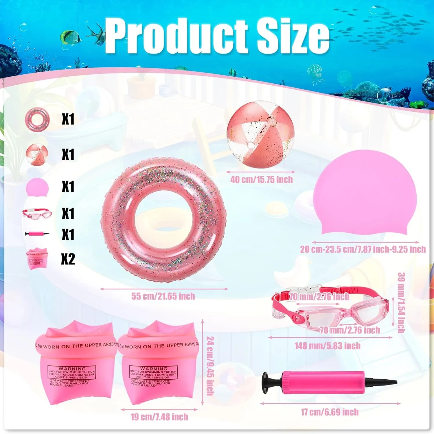 ShinyRelief 6 Pcs Kids Pool Floats Set Learn to Swim Set Include Inflatable Glitter Swim Rings Goggles with Caps Arm Bands Beach Balls with Air Pump for Boys Girls Age 6-14 Pool Party