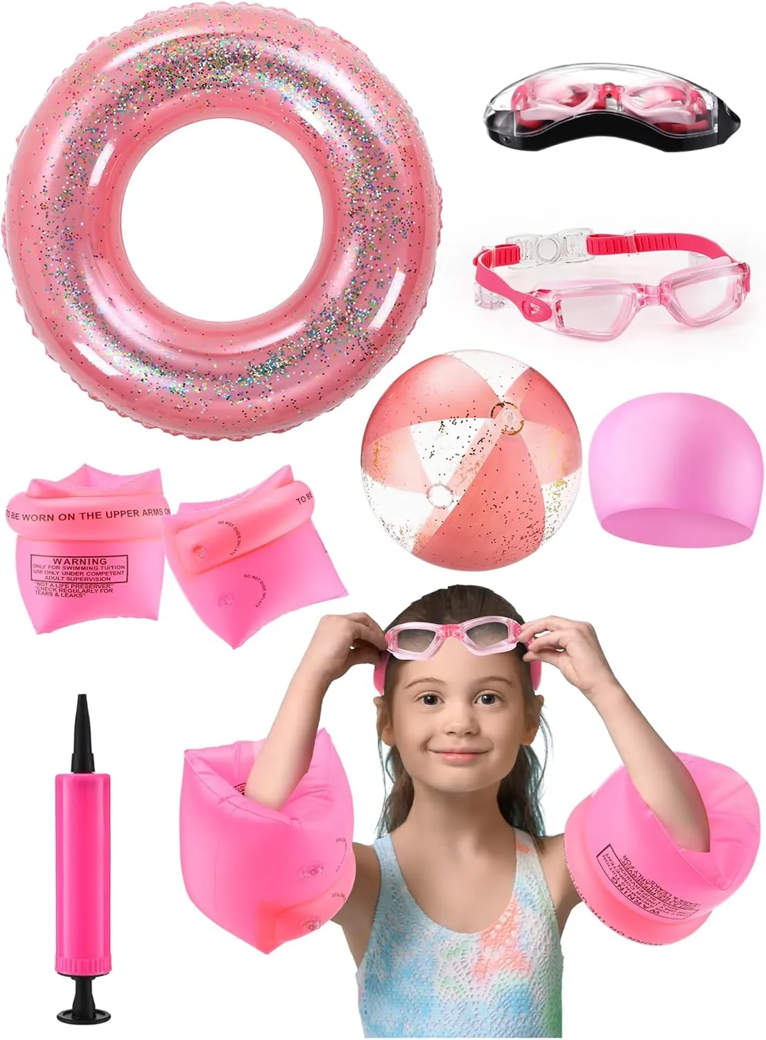 ShinyRelief 6 Pcs Kids Pool Floats Set Learn to Swim Set Include Inflatable Glitter Swim Rings Goggles with Caps Arm Bands Beach Balls with Air Pump for Boys Girls Age 6-14 Pool Party
