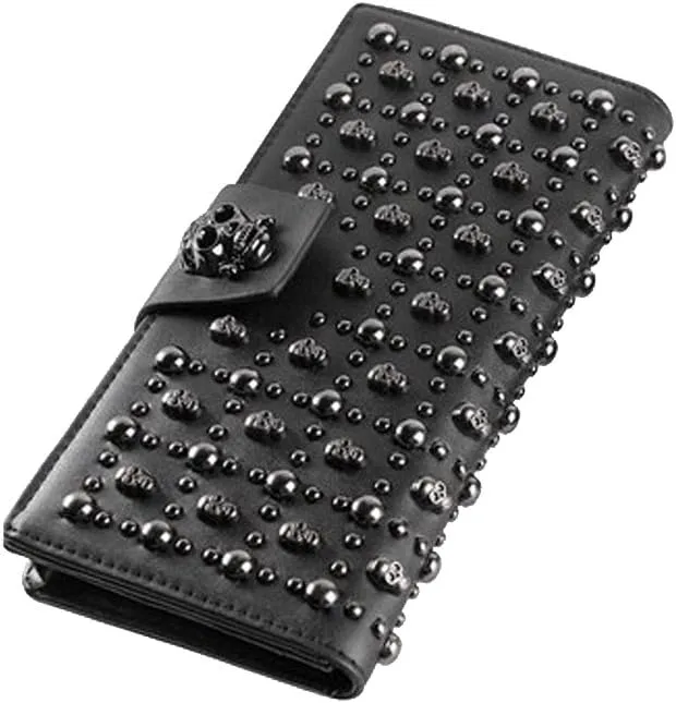 Shinywear Women's Black Long Skull Studded Purses Genuine Leather Card Holder Wallet