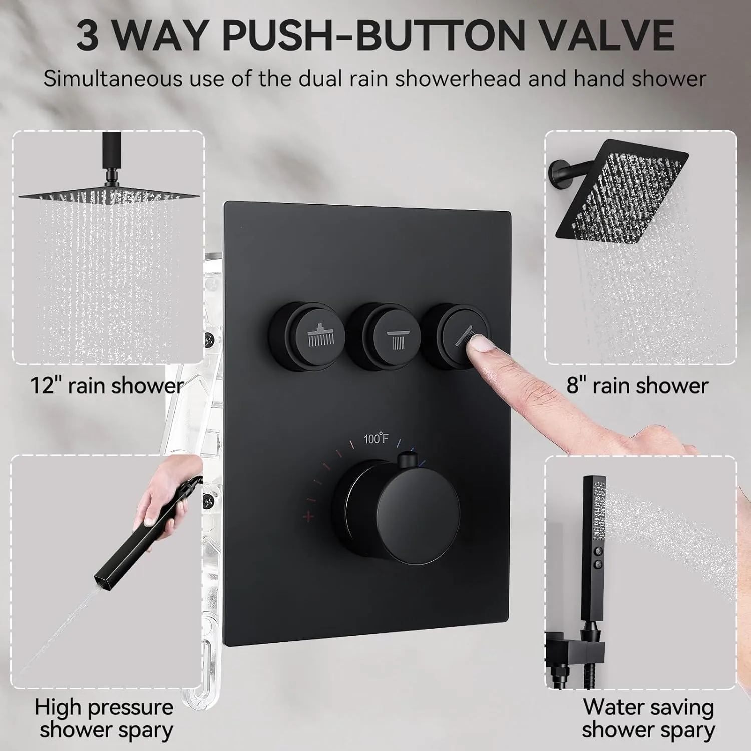 Shower Faucet Set Matte Black Shower System,12" Ceiling Rainfall Shower and 8" Wall Mount Rain Shower with 2 in 1 Handhled, Can Use All at Once, Thermostatic Shower Set with Valve and Trim Kit