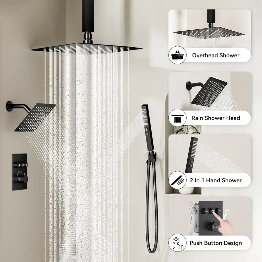 Shower Faucet Set Matte Black Shower System,12" Ceiling Rainfall Shower and 8" Wall Mount Rain Shower with 2 in 1 Handhled, Can Use All at Once, Thermostatic Shower Set with Valve and Trim Kit