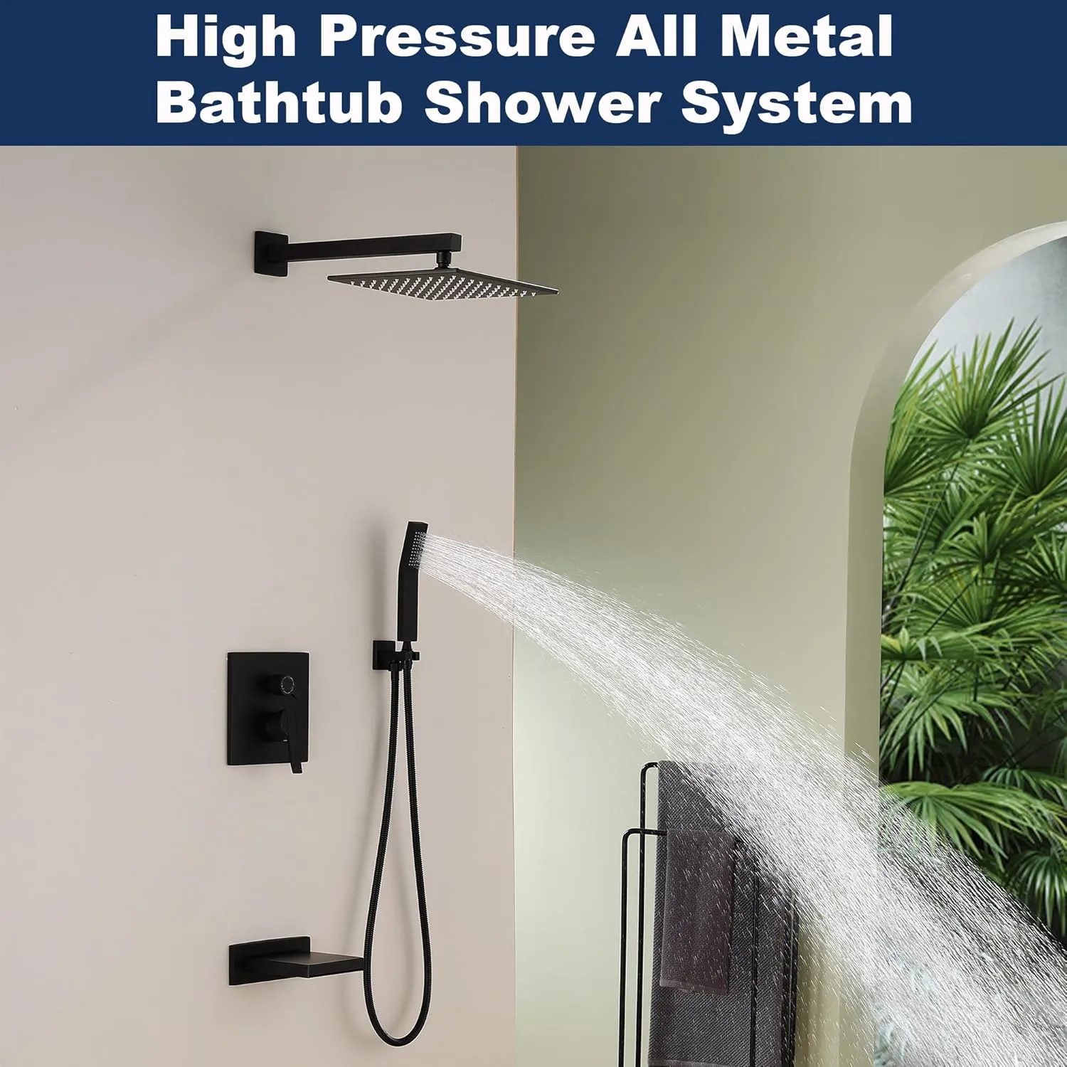 Shower System with Tub Spout, All Metal Black Bathtub Shower Faucet Set with High Pressure 10 Inch Rain Shower Head and Handheld Shower Head Set, Matte Black (Valve Include）