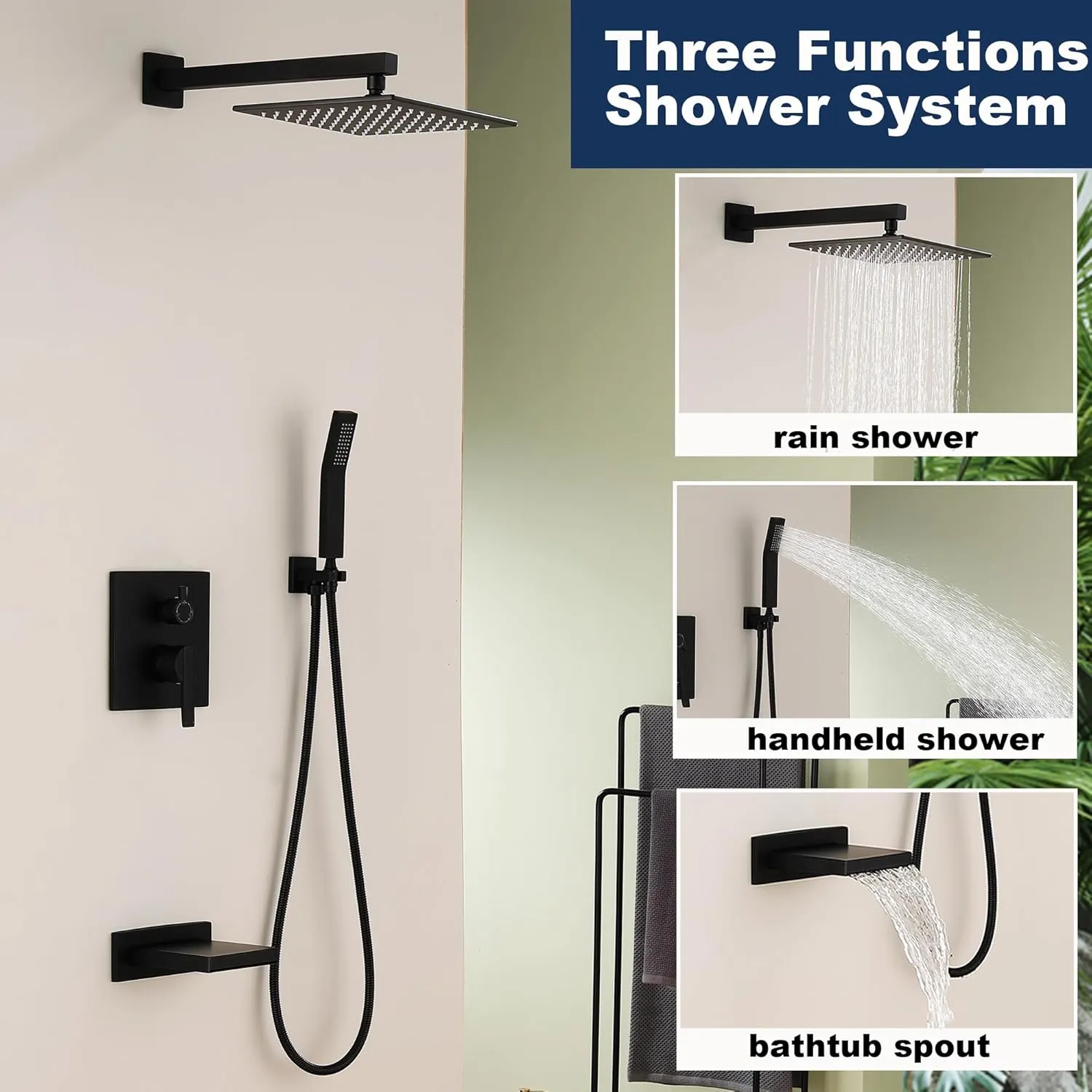 Shower System with Tub Spout, All Metal Black Bathtub Shower Faucet Set with High Pressure 10 Inch Rain Shower Head and Handheld Shower Head Set, Matte Black (Valve Include）