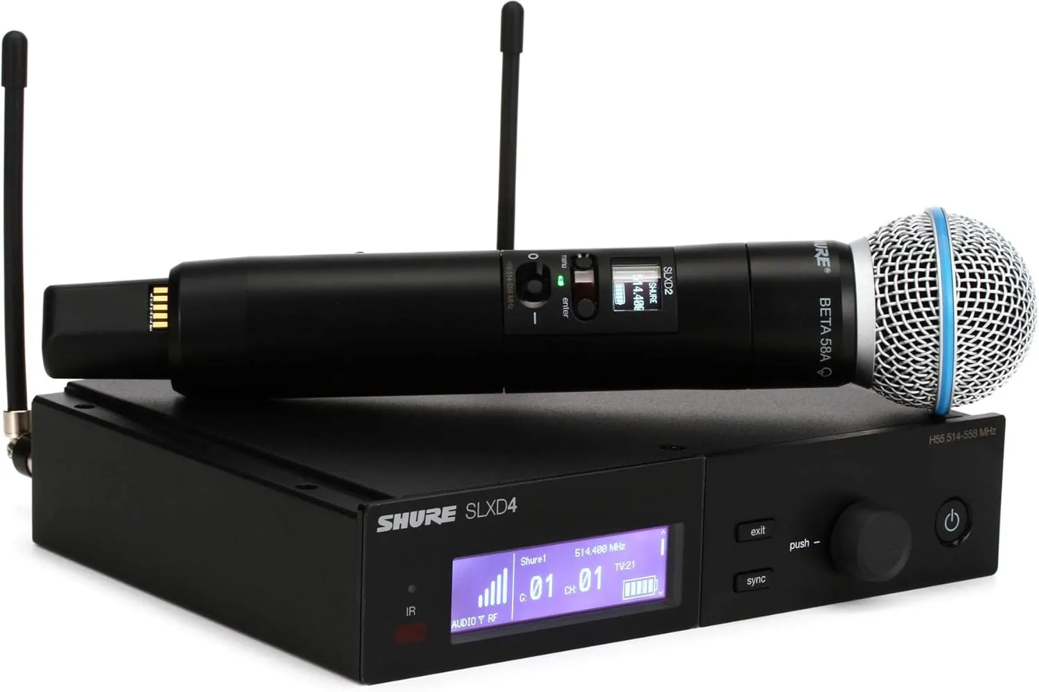 Shure SLXD24/B58 Digital Wireless Microphone System - Includes SLXD2 Handheld Transmitter with BETA 58A Vocal Mic Capsule and SLXD4 Single Channel Rack Mount Receiver | H55 Band (SLXD24/B58-H55)