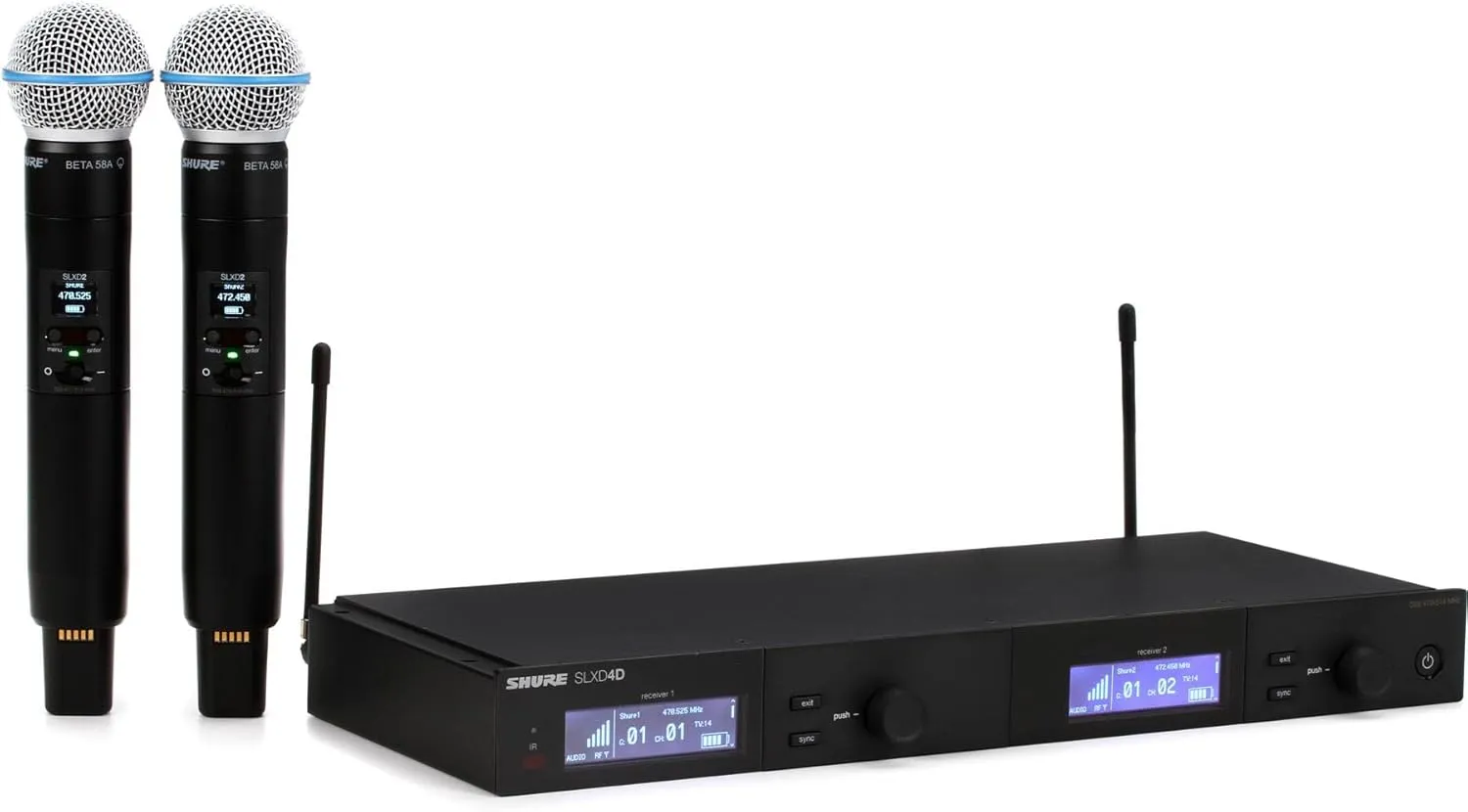Shure SLXD24D/B58 Dual Channel Digital Wireless Microphone System - Includes Two SLXD2 Handheld Transmitters with BETA 58A Vocal Mic Capsules, SLXD4D Rack Mount Receiver | G58 Band (SLXD24D/B58-G58)