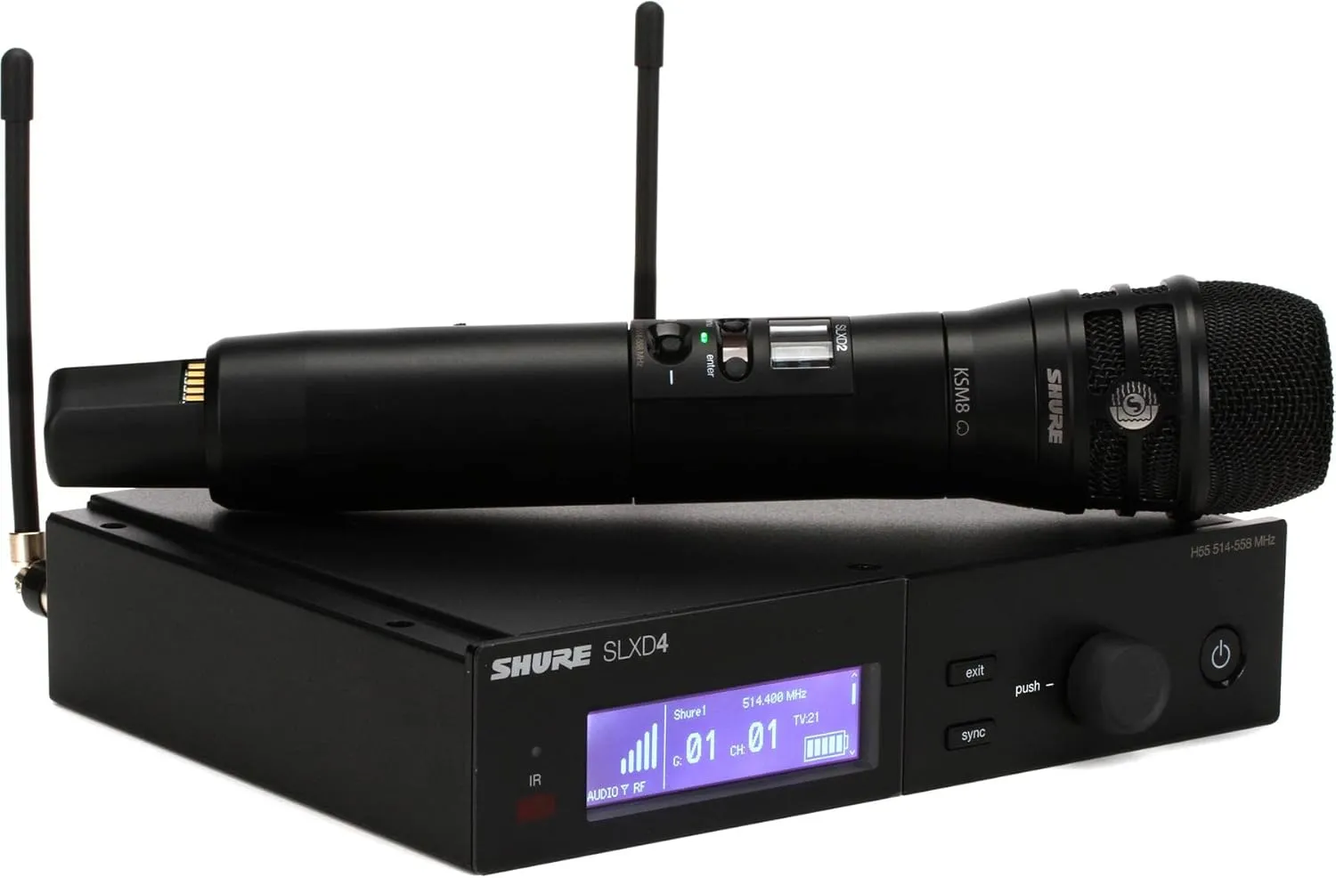 Shure SLXD24/K8B Digital Wireless Microphone System - Includes SLXD2 Handheld Transmitter with KSM8 Black Vocal Mic Capsule and SLXD4 Single Channel Rack Mount Receiver | H55 Band (SLXD24/K8B-H55)