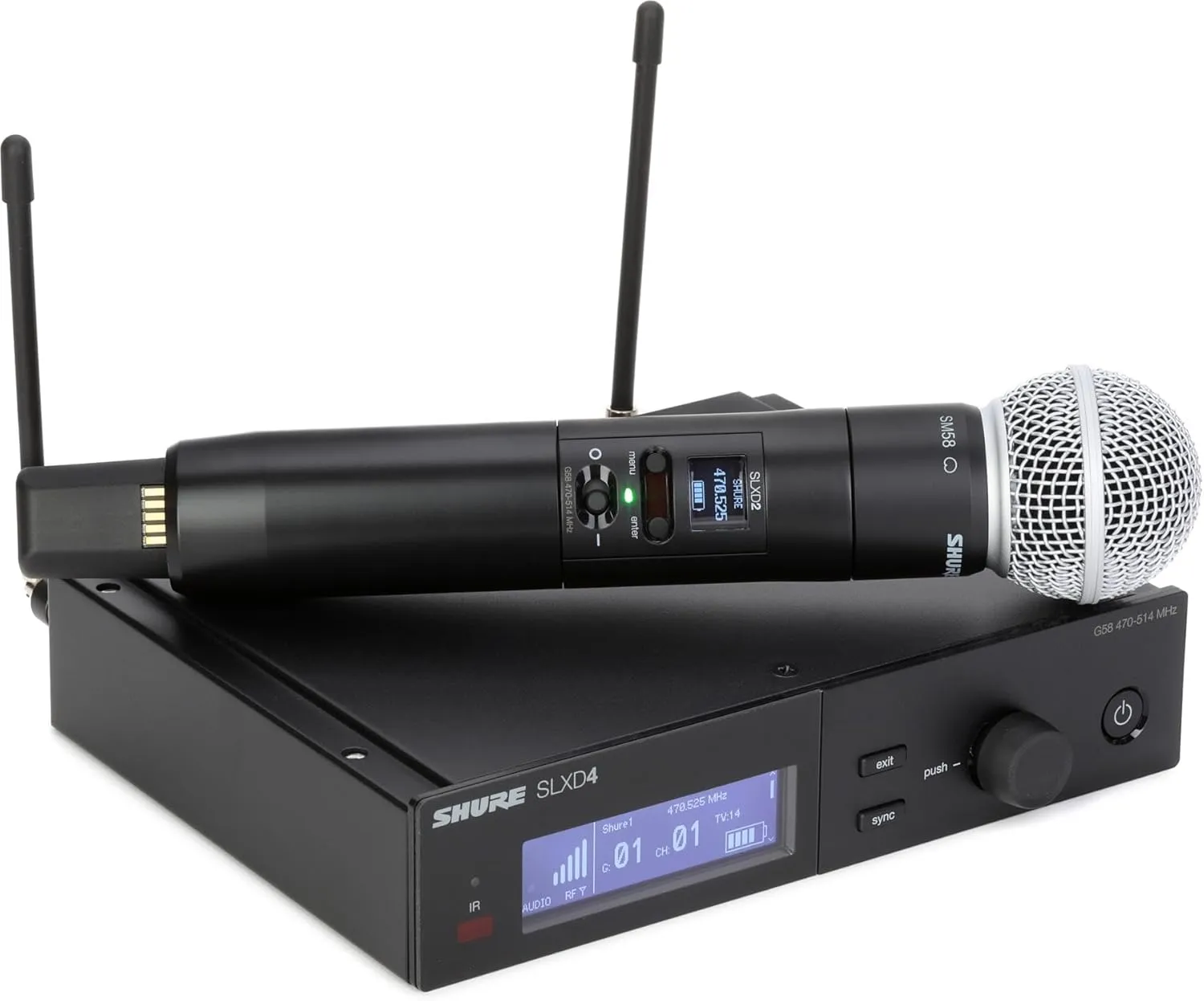 Shure SLXD24/SM58 Digital Wireless Microphone System - Includes SLXD2 Handheld Transmitter with SM58 Vocal Mic Capsule and SLXD4 Single Channel Rack Mount Receiver | G58 Band (SLXD24/SM58-G58)