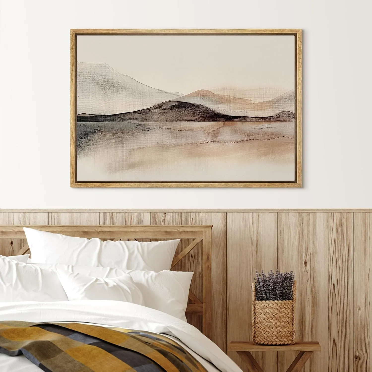 SIGNLEADER Framed Canvas Print Wall Art Minimalist Mountain Range and Reflection Illustrations Modern Art Glam Pastel for Living Room, Bedroom, Office - 24"x36" Natural
