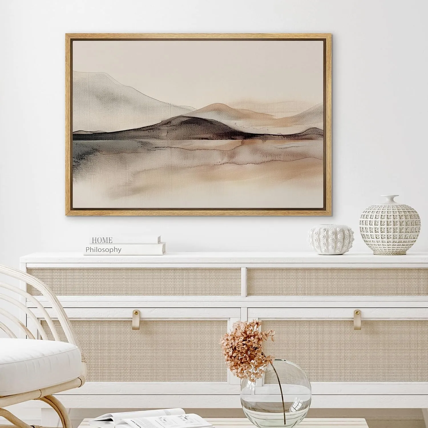 SIGNLEADER Framed Canvas Print Wall Art Minimalist Mountain Range and Reflection Illustrations Modern Art Glam Pastel for Living Room, Bedroom, Office - 24"x36" Natural