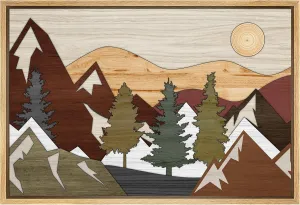 SIGNWIN Framed Canvas Print Wall Art Wood Panel Snowy Mountain Range Trees Nature Wilderness Digital Art Modern Art Decorative Zen Countryside/Farm for Living Room, Bedroom, Office - 16"x24" Natural