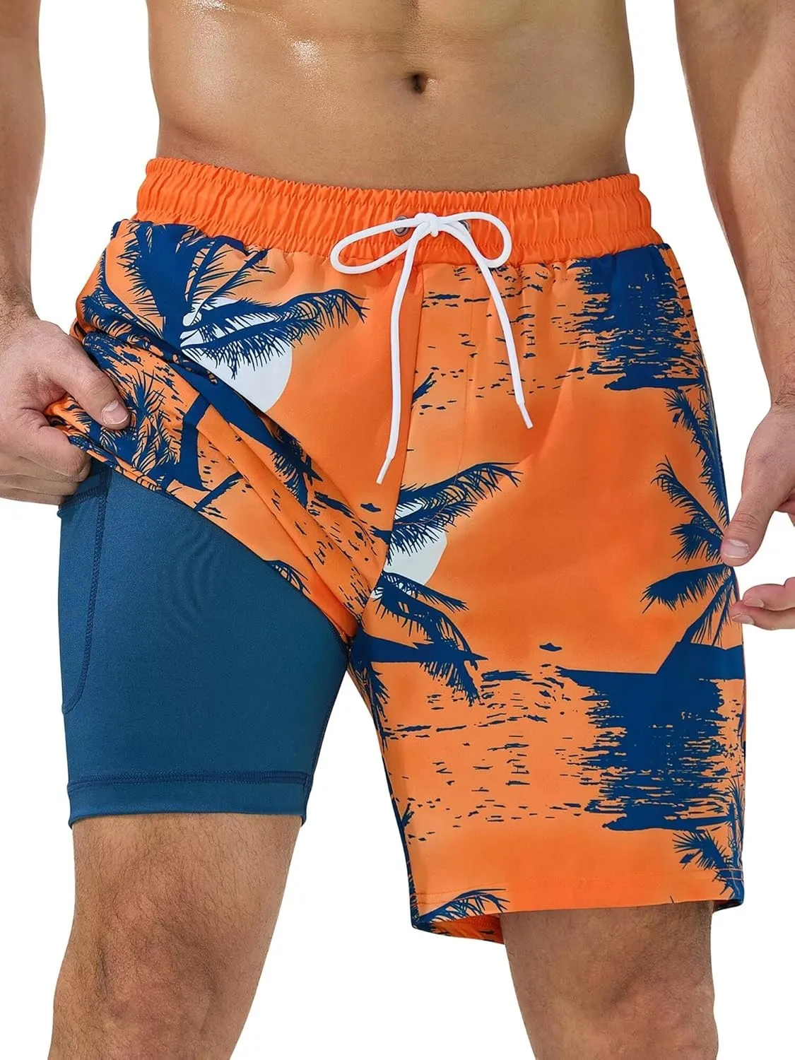 SILKWORLD Mens Swim Trunks Quick Dry Swimming Shorts with Compression Liner and Zipper Pockets