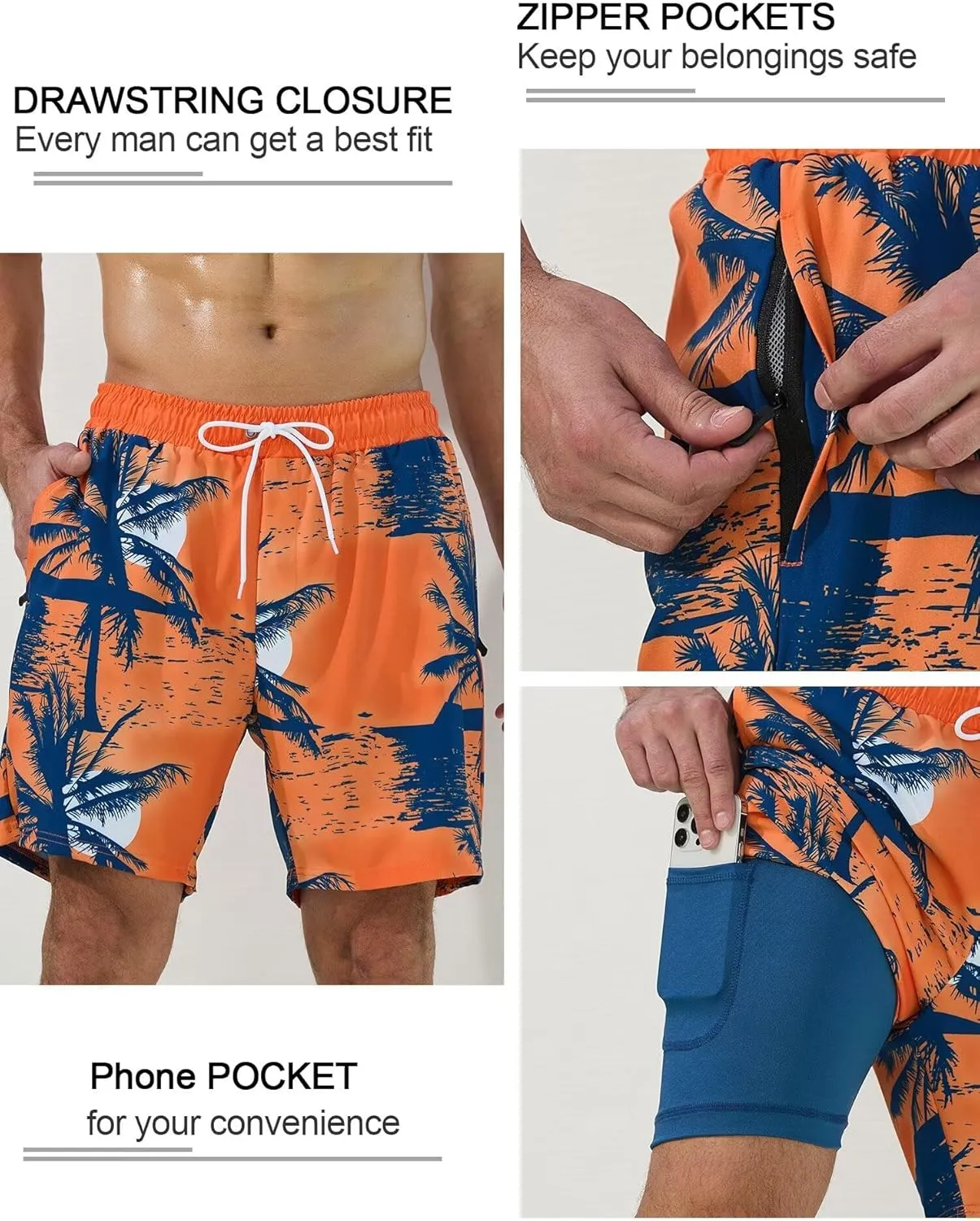 SILKWORLD Mens Swim Trunks Quick Dry Swimming Shorts with Compression Liner and Zipper Pockets