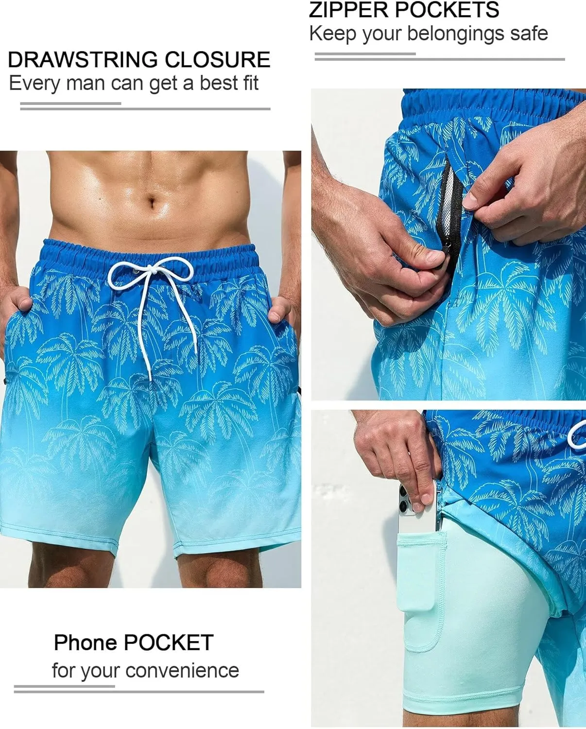 SILKWORLD Mens Swim Trunks Quick Dry Swimming Shorts with Compression Liner and Zipper Pockets