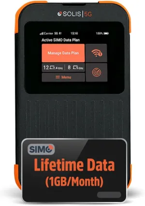SIMO Solis 5G WiFi Mobile Hotspot Device, Portable WiFi for Travel in 140  Countries, No SIM Card, No Contract Required, Multi-Carrier Network, 16 Devices, 1GB/Month Lifetime Data