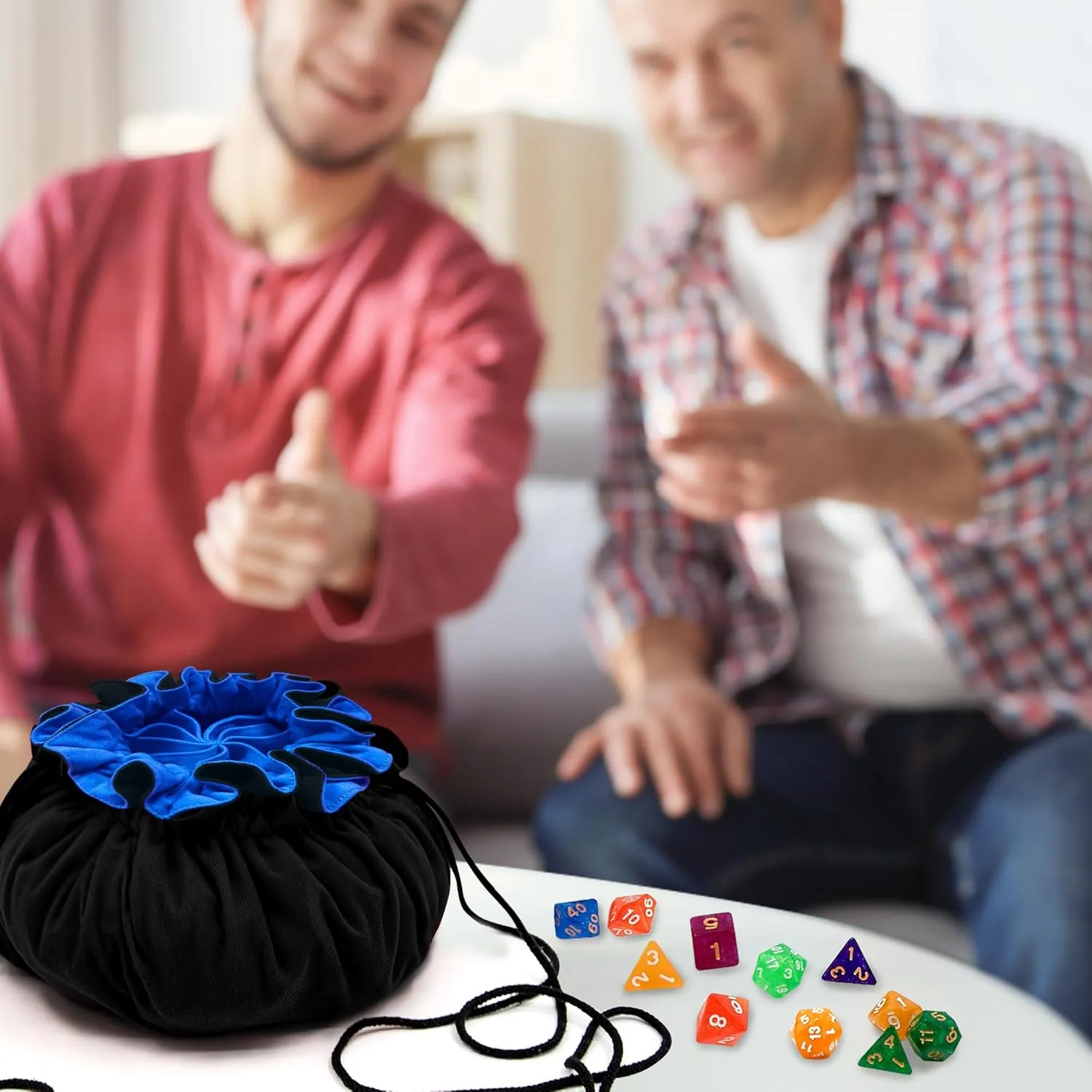 SIQUK Large Dice Bag with Pockets Drawstring Dice Bag DND Dice Storage Bag Big Capacity Dice Pouch for RPG MTG Table Games, Hold over 300 Dice (Black & Dark Blue)