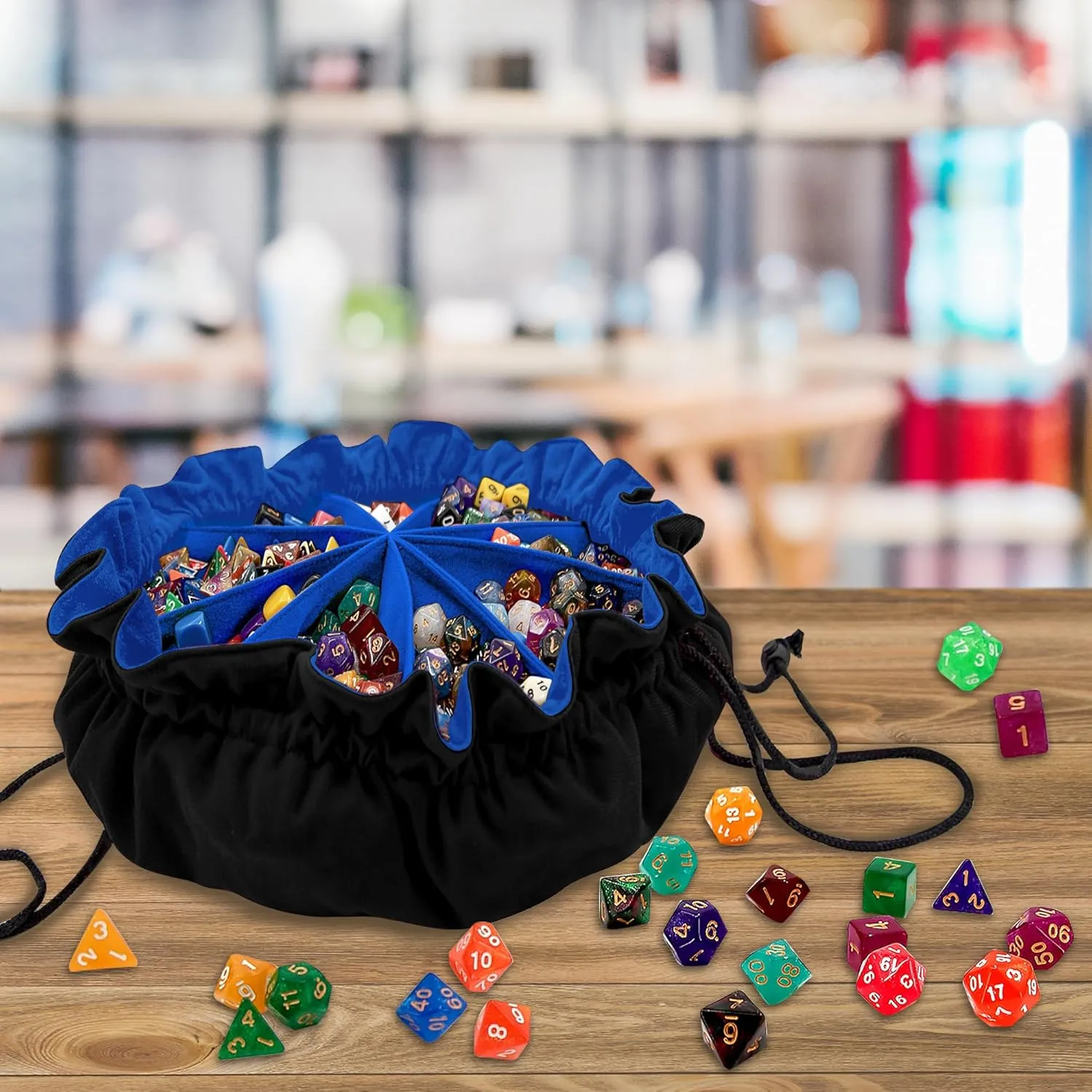 SIQUK Large Dice Bag with Pockets Drawstring Dice Bag DND Dice Storage Bag Big Capacity Dice Pouch for RPG MTG Table Games, Hold over 300 Dice (Black & Dark Blue)