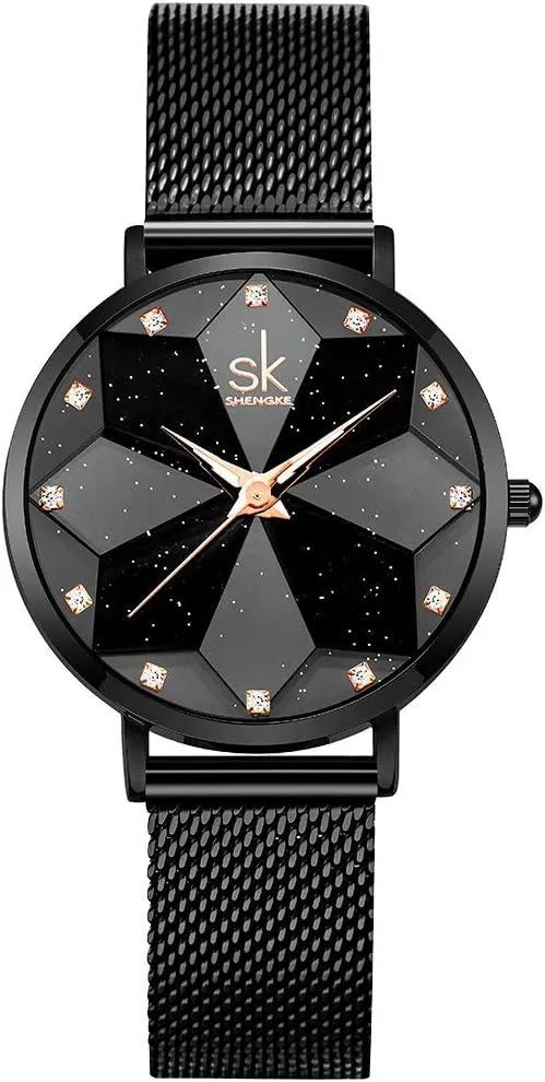 SK Ultra Thin Minialist Creative Starry Sky Women Watch with Stainless Steel Mesh Band Floral Watch