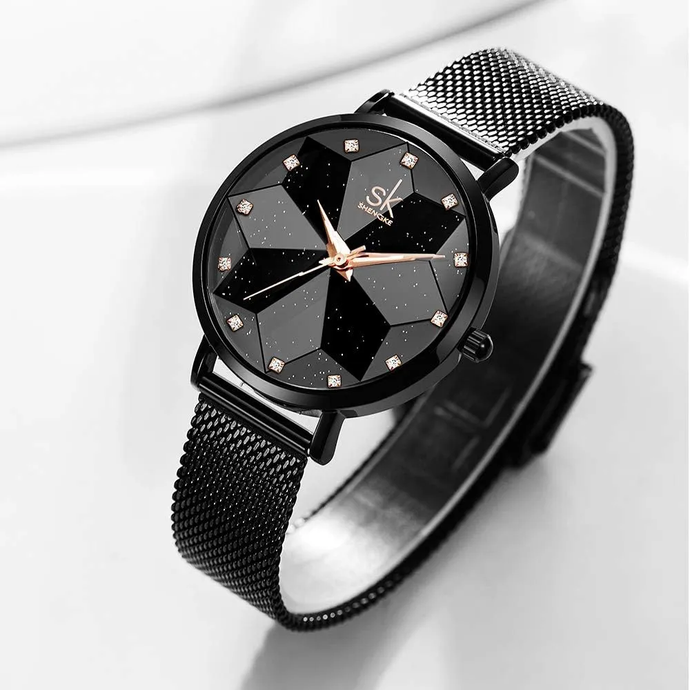 SK Ultra Thin Minialist Creative Starry Sky Women Watch with Stainless Steel Mesh Band Floral Watch