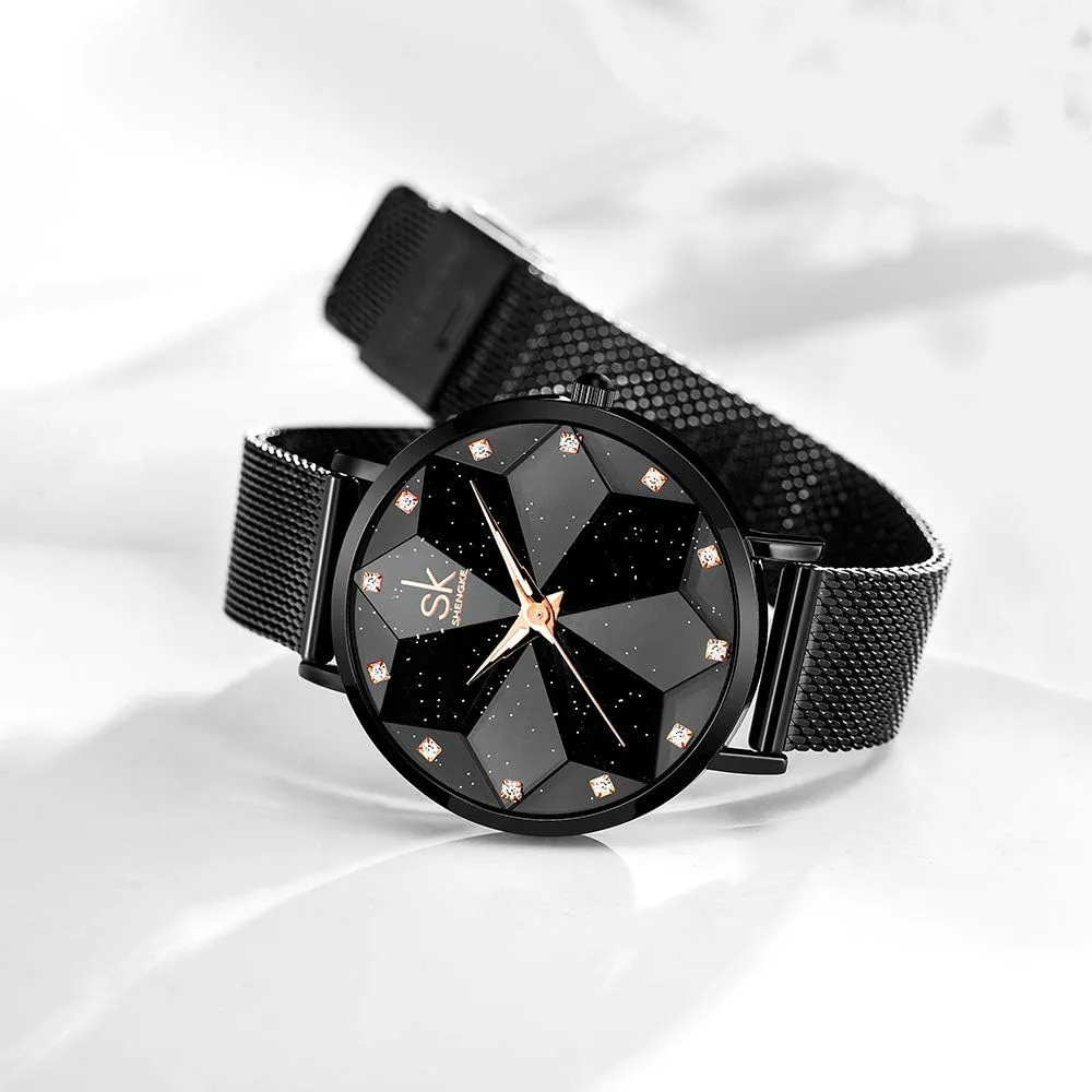 SK Ultra Thin Minialist Creative Starry Sky Women Watch with Stainless Steel Mesh Band Floral Watch