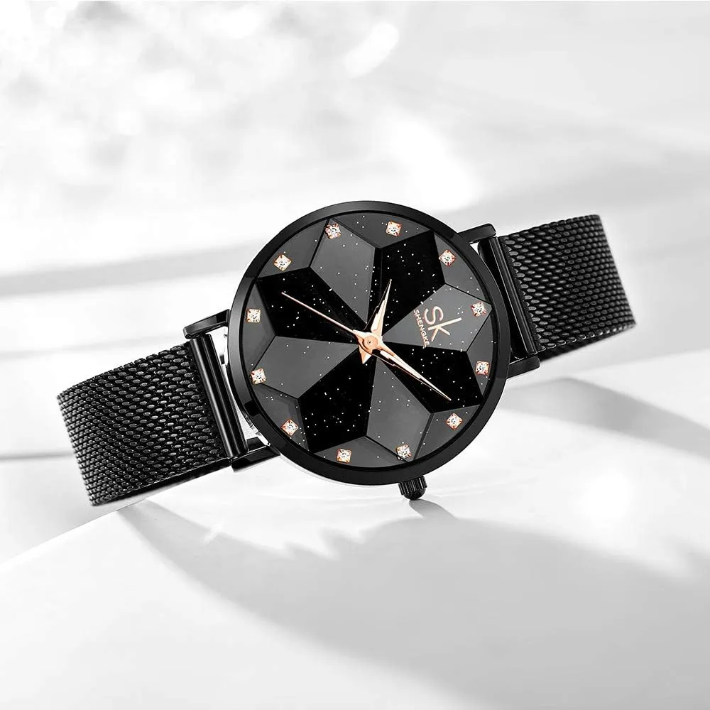 SK Ultra Thin Minialist Creative Starry Sky Women Watch with Stainless Steel Mesh Band Floral Watch