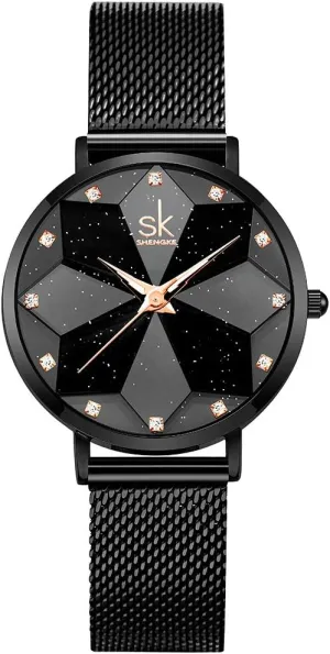 SK Ultra Thin Minialist Creative Starry Sky Women Watch with Stainless Steel Mesh Band Floral Watch