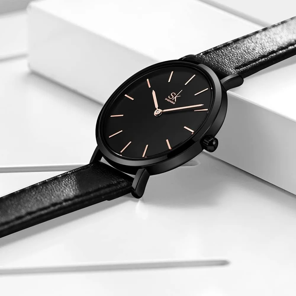 SK Ultra Thin Minialist Women Watches Simple Two Hands Ladies Dress Watch Leather Strap