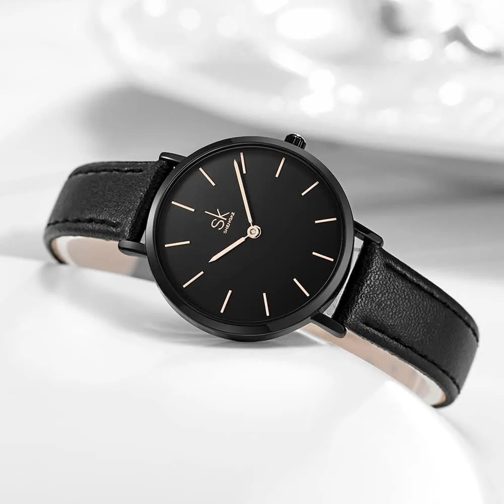 SK Ultra Thin Minialist Women Watches Simple Two Hands Ladies Dress Watch Leather Strap