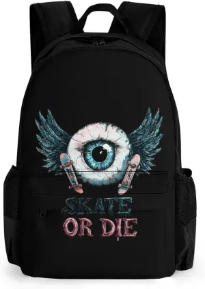 Skate Or Die Eyeball Wings Cute Backpack Travel Work Bag with Water Bottle Pocket Adjustable Padded Shoulder Straps Daypack 42x30.5cm