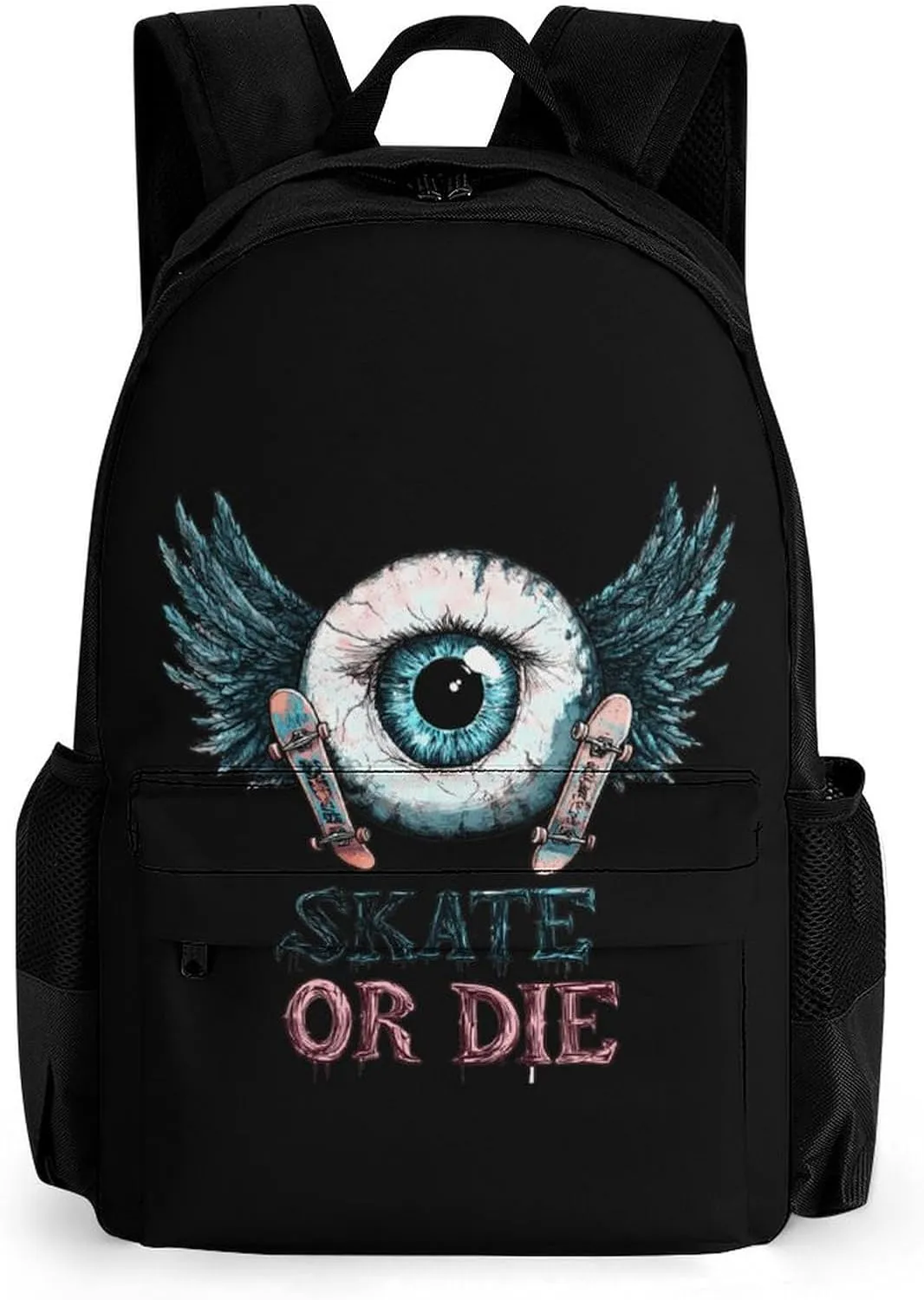 Skate Or Die Eyeball Wings Cute Backpack Travel Work Bag with Water Bottle Pocket Adjustable Padded Shoulder Straps Daypack 42x30.5cm