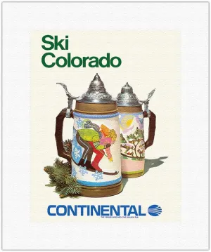 Ski Colorado - Skiing Beer Steins - Continental Airlines - Vintage Airline Travel Poster c.1980s - Fine Art Rolled Canvas Print 11in x 14in