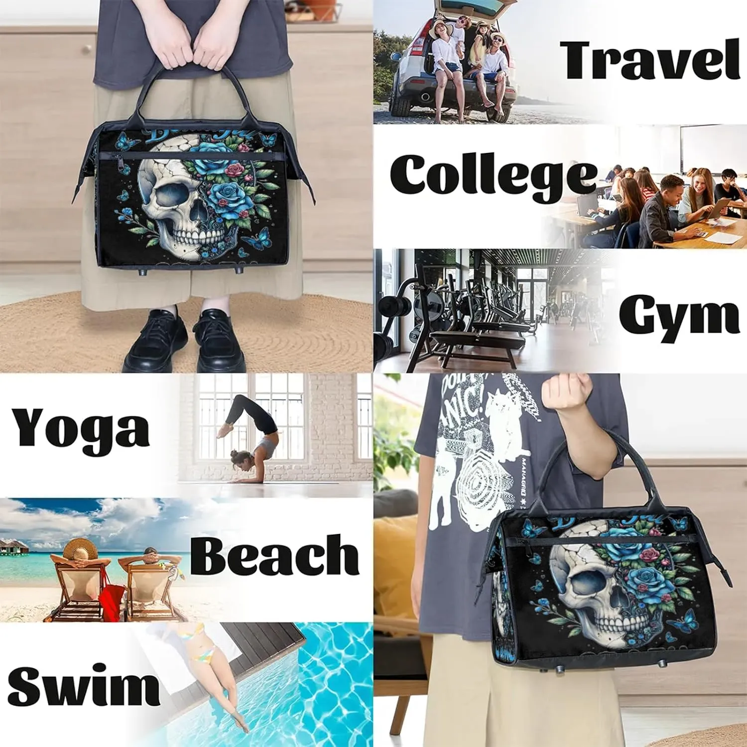 Skull Blue Flower Travel Duffel Bag Gym Tote Bag for Women Men Waterproof Weekend Overnight Bag Carry On Tote Luggage with Pocket Personal Item Bags Sports Bag fit Travel Sports Gym Yoga