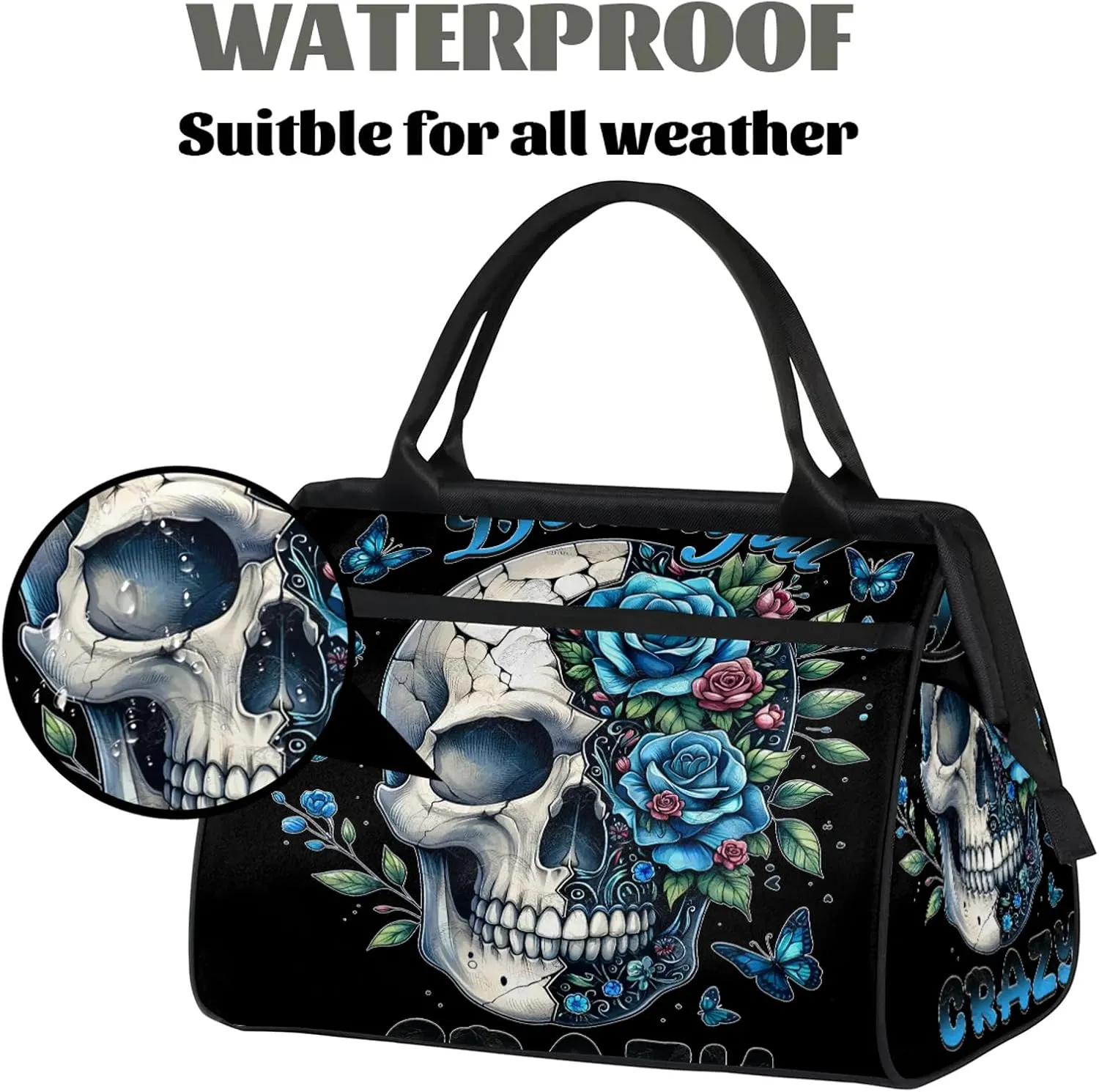 Skull Blue Flower Travel Duffel Bag Gym Tote Bag for Women Men Waterproof Weekend Overnight Bag Carry On Tote Luggage with Pocket Personal Item Bags Sports Bag fit Travel Sports Gym Yoga