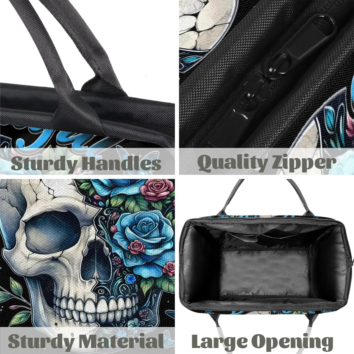 Skull Blue Flower Travel Duffel Bag Gym Tote Bag for Women Men Waterproof Weekend Overnight Bag Carry On Tote Luggage with Pocket Personal Item Bags Sports Bag fit Travel Sports Gym Yoga