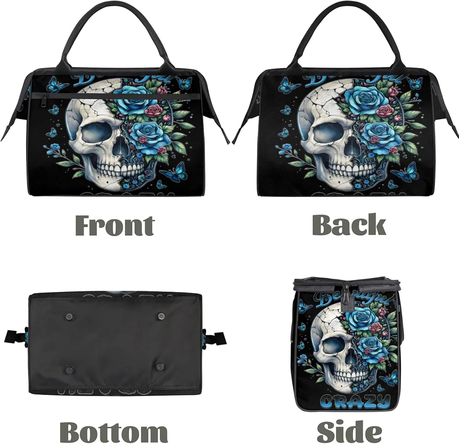 Skull Blue Flower Travel Duffel Bag Gym Tote Bag for Women Men Waterproof Weekend Overnight Bag Carry On Tote Luggage with Pocket Personal Item Bags Sports Bag fit Travel Sports Gym Yoga