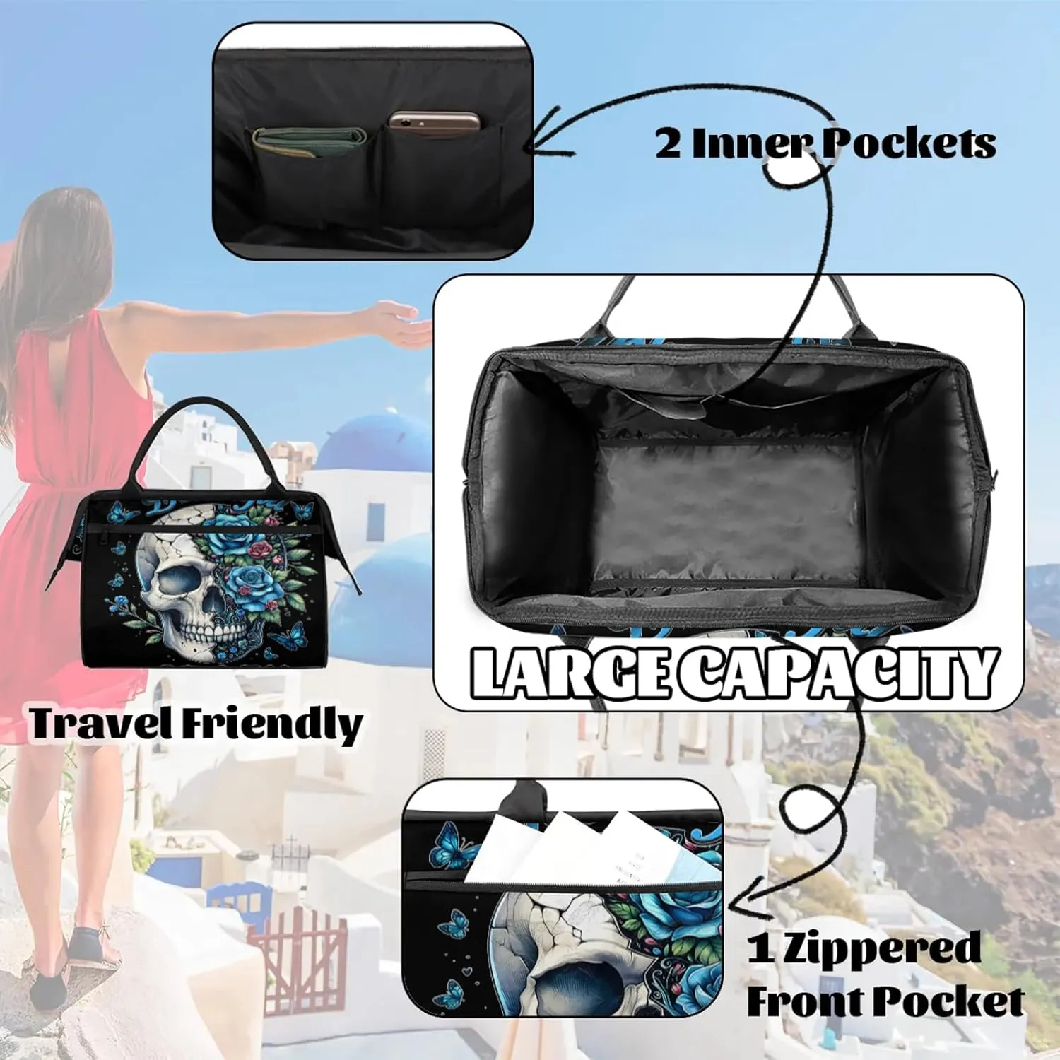 Skull Blue Flower Travel Duffel Bag Gym Tote Bag for Women Men Waterproof Weekend Overnight Bag Carry On Tote Luggage with Pocket Personal Item Bags Sports Bag fit Travel Sports Gym Yoga