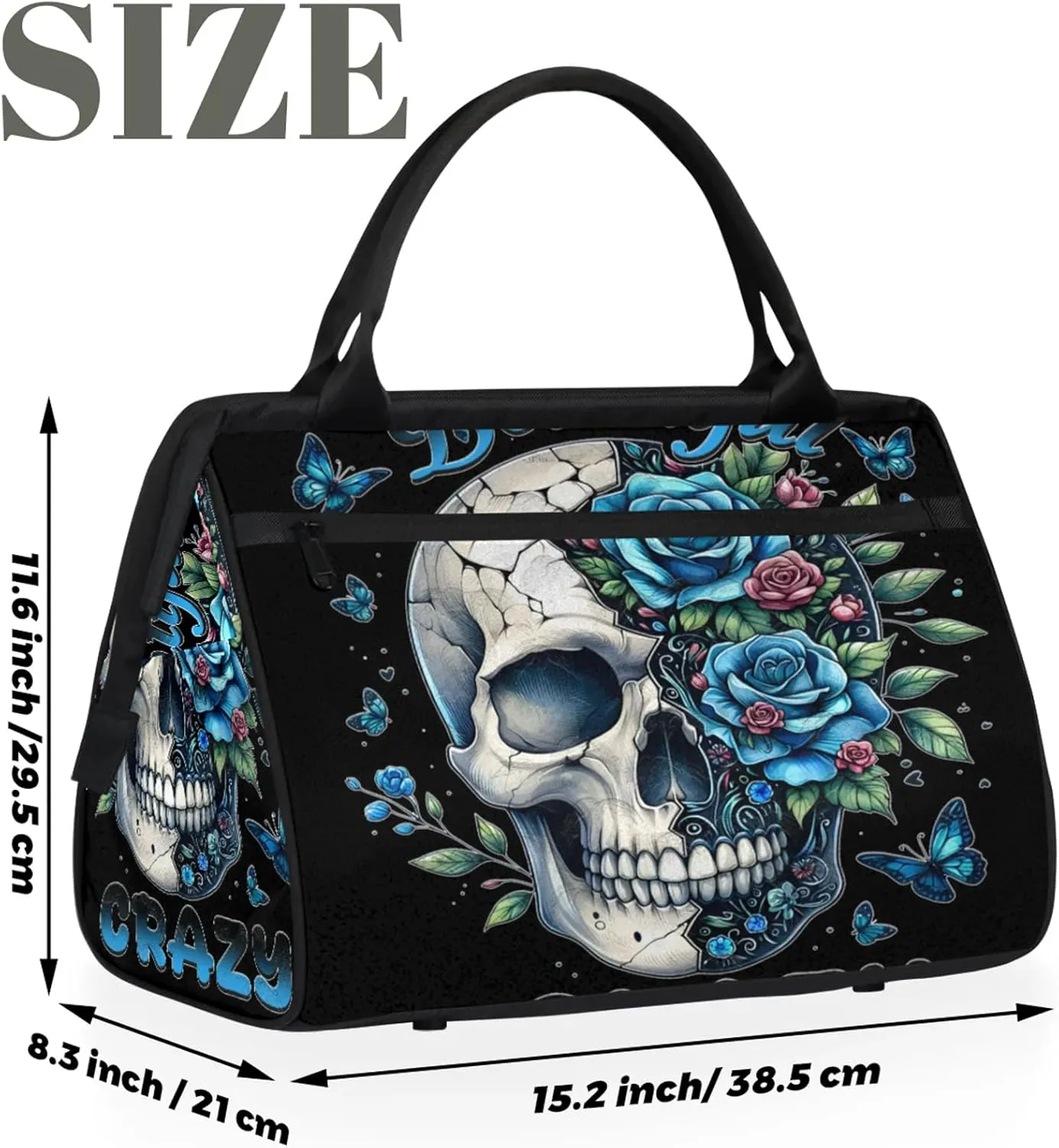 Skull Blue Flower Travel Duffel Bag Gym Tote Bag for Women Men Waterproof Weekend Overnight Bag Carry On Tote Luggage with Pocket Personal Item Bags Sports Bag fit Travel Sports Gym Yoga