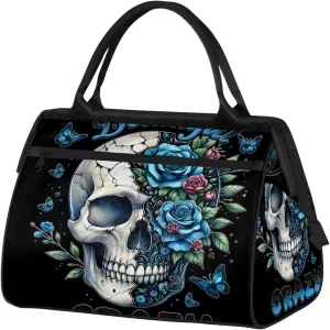 Skull Blue Flower Travel Duffel Bag Gym Tote Bag for Women Men Waterproof Weekend Overnight Bag Carry On Tote Luggage with Pocket Personal Item Bags Sports Bag fit Travel Sports Gym Yoga