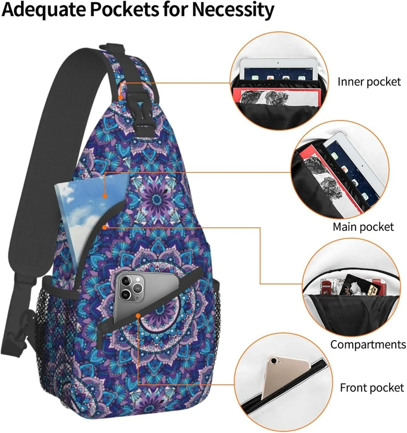 Sling Bag For Women Men, Crossbody Sling Backpack, Chest Bag for Hiking Travel Daypack, Multipurpose Lightweight Shoulder Bag, Bohemian