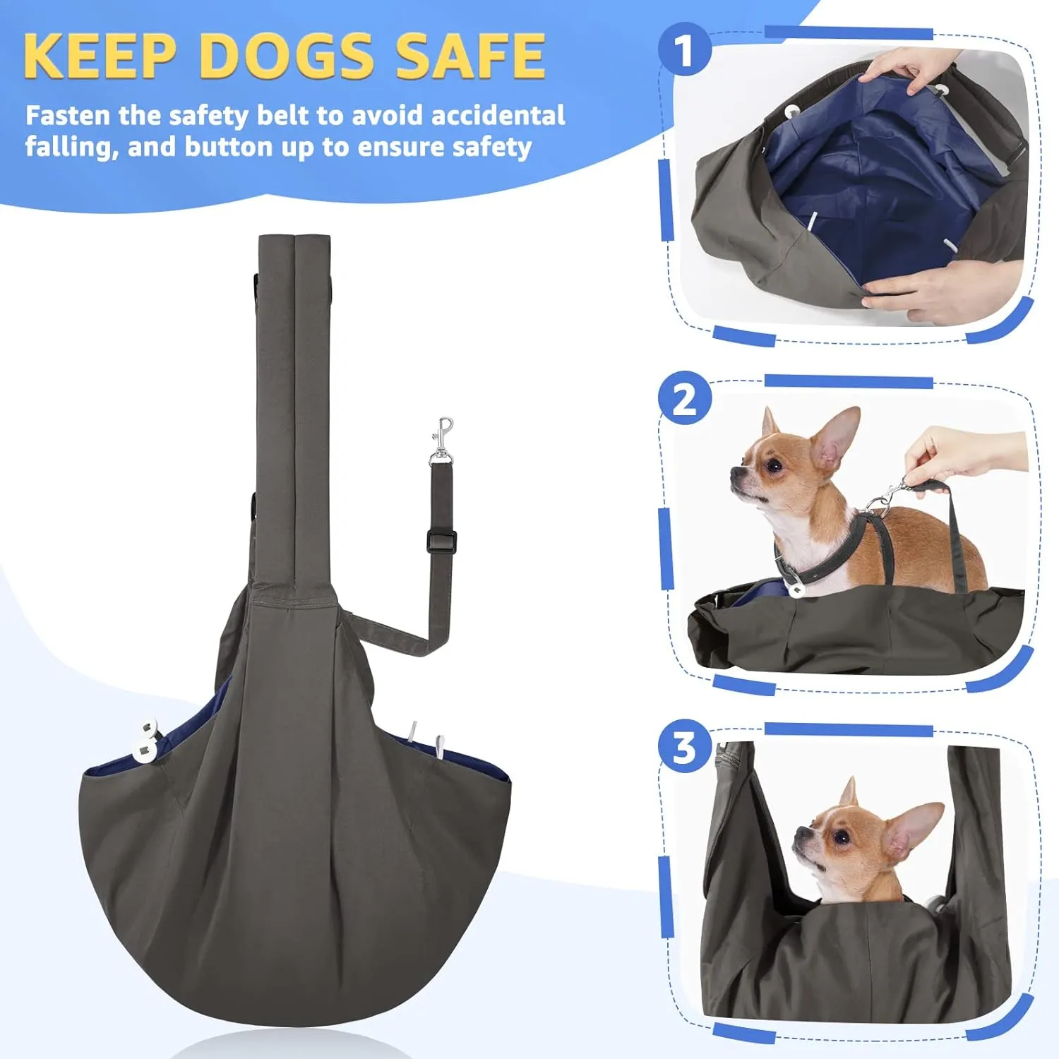 SlowTon Dog Carrier Sling - Thick Padded Shoulder Strap Adjustable Dog Carriers for Small Dogs, Puppy Carrier Purse for Pet Cat with Front Zipper Pocket Safety Belt Machine Washable (Grey S)