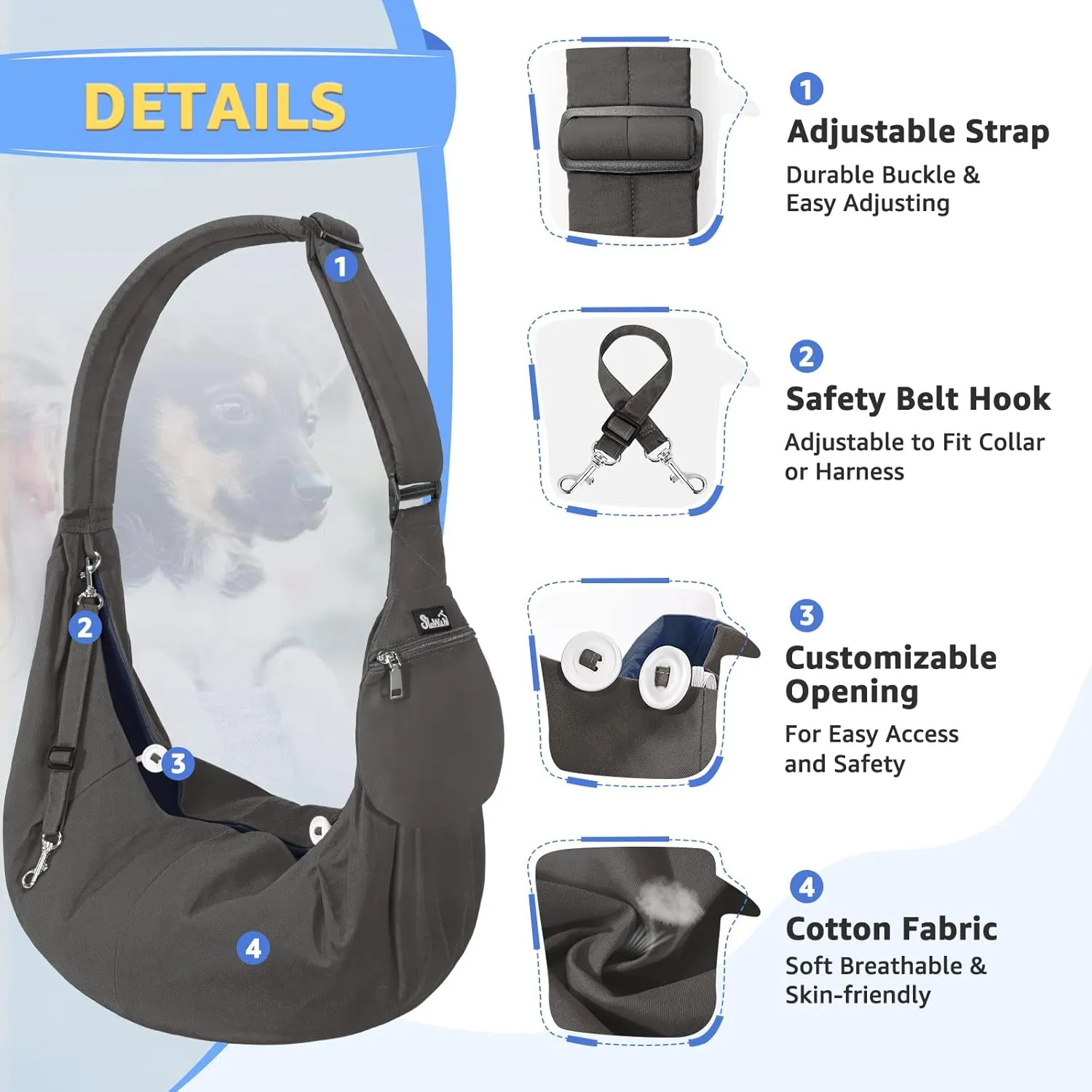 SlowTon Dog Carrier Sling - Thick Padded Shoulder Strap Adjustable Dog Carriers for Small Dogs, Puppy Carrier Purse for Pet Cat with Front Zipper Pocket Safety Belt Machine Washable (Grey S)