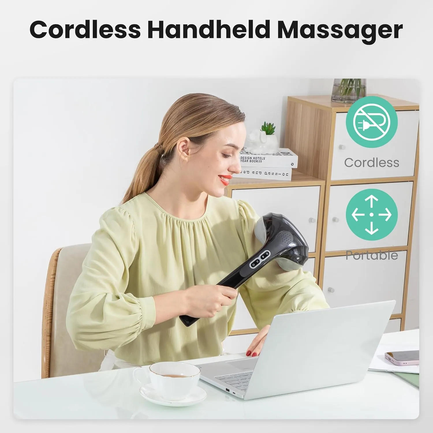 Snailax Cordless Handheld Back Massager with Heat, FSA HSA Eligible, Deep Tissue Percussion Massager, 3 Sets of Dual Pivoting Heads,Rechargeable Hand Held Massager for Neck,Back Shoulder,Calf,Legs