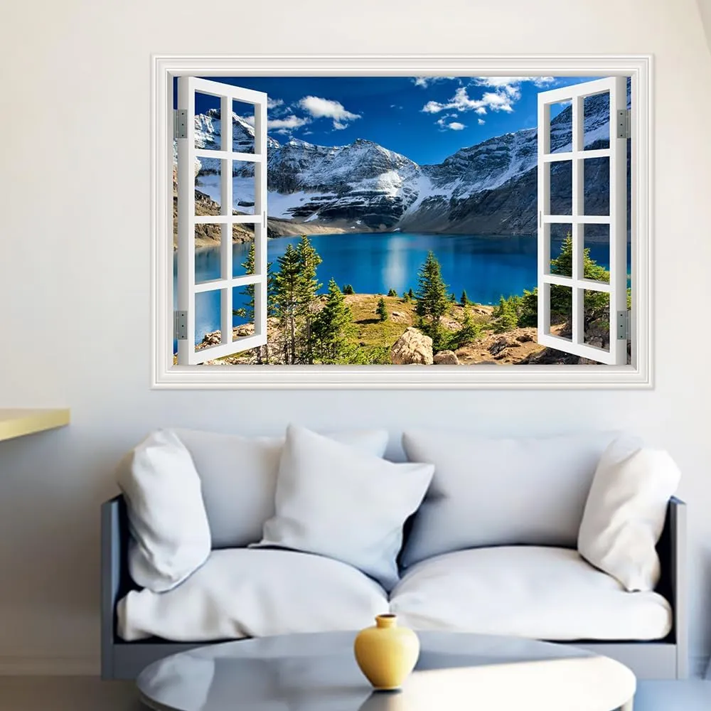 Snow Mountain Blue Lake Wilderness Nature Photography Art Open Window View Canvas Print Wall Art Realism Scenic Landscape Art Painting for Living Room Bedroom Kitchen Home Office - 16x24 inches