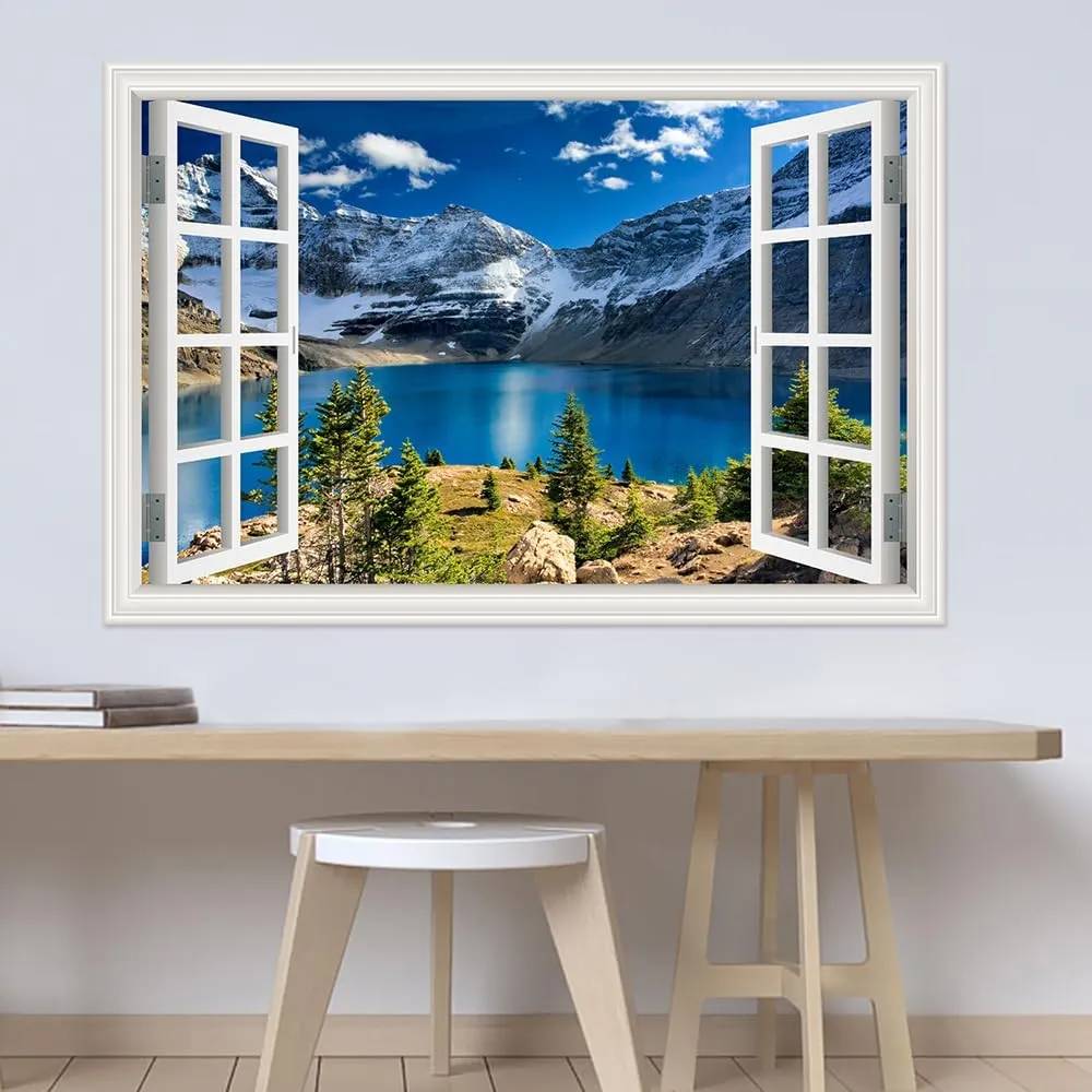 Snow Mountain Blue Lake Wilderness Nature Photography Art Open Window View Canvas Print Wall Art Realism Scenic Landscape Art Painting for Living Room Bedroom Kitchen Home Office - 16x24 inches