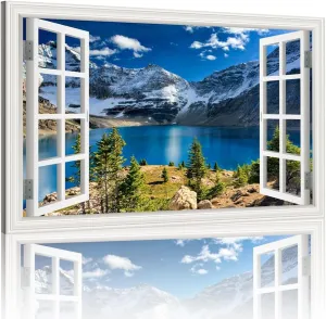 Snow Mountain Blue Lake Wilderness Nature Photography Art Open Window View Canvas Print Wall Art Realism Scenic Landscape Art Painting for Living Room Bedroom Kitchen Home Office - 16x24 inches