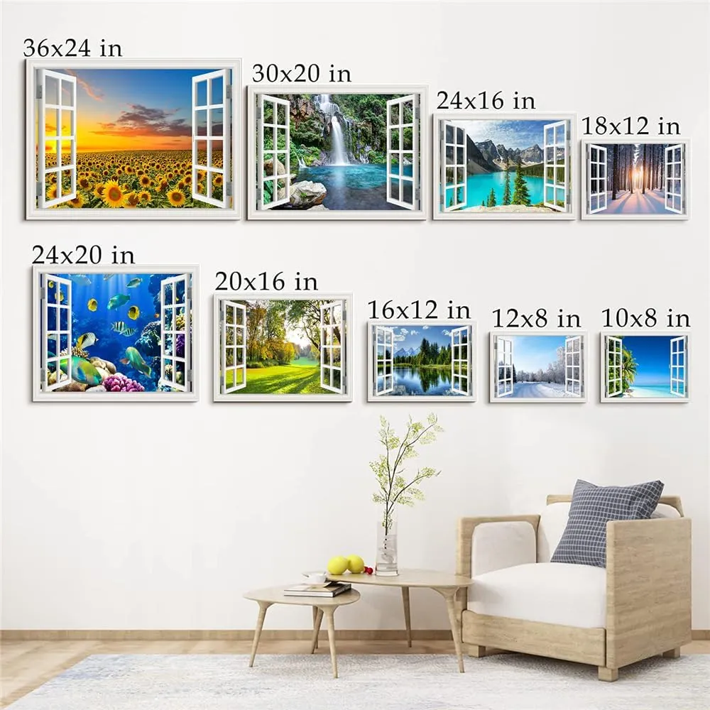 Snow Mountain Blue Lake Wilderness Nature Photography Art Open Window View Canvas Print Wall Art Realism Scenic Landscape Art Painting for Living Room Bedroom Kitchen Home Office - 16x24 inches