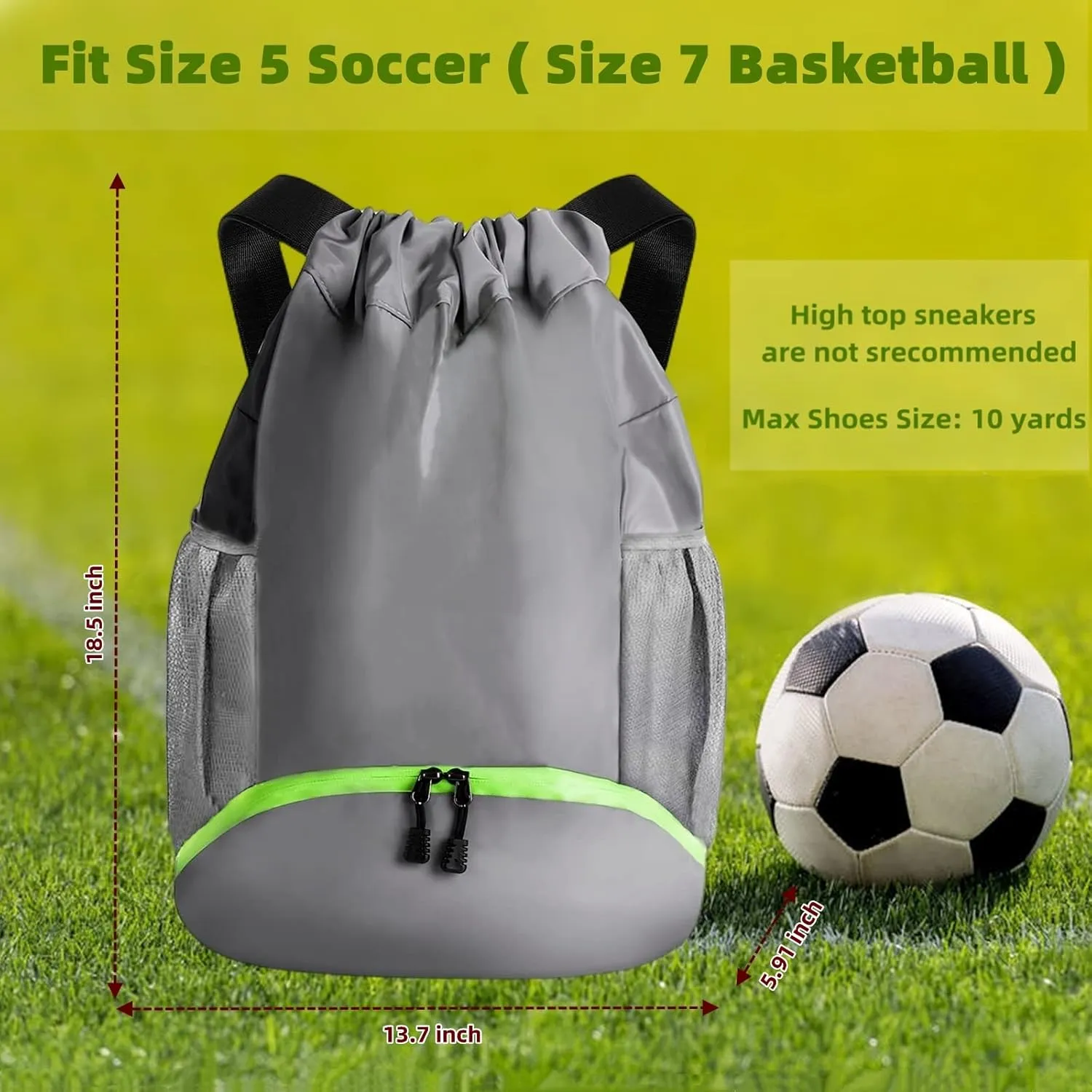 Soccer Bags, Waterproof Drawstring Gym Backpack for Baskestball Rugby Volleyball Yoga, Large Capacity Sports Bag