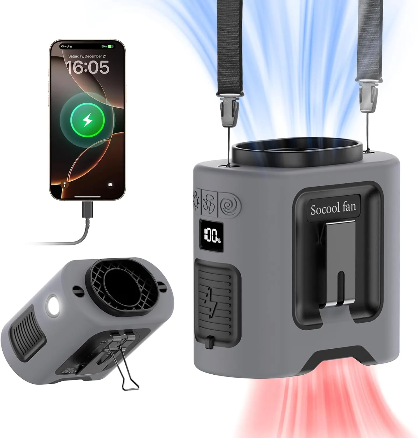 Socool 14500mAh Portable Waist Fan Clip on Belt 360 Rotation Wearable Rechargeable Personal Shirt Fan, 67H Cooling 5-Speed Battery Operated Fans with Light, Neck Fan Hanging for Outdoor Camping Travel
