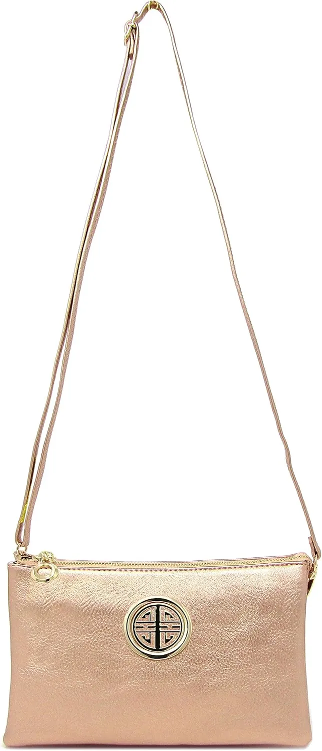 Solene Womens and Girls Multi Compartment Functional Emblem Crossbody Bag With Detachable Wristlet